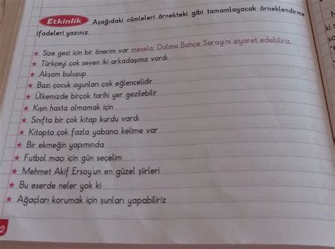 5 sınıf türkçe örneklendirme cümleleri